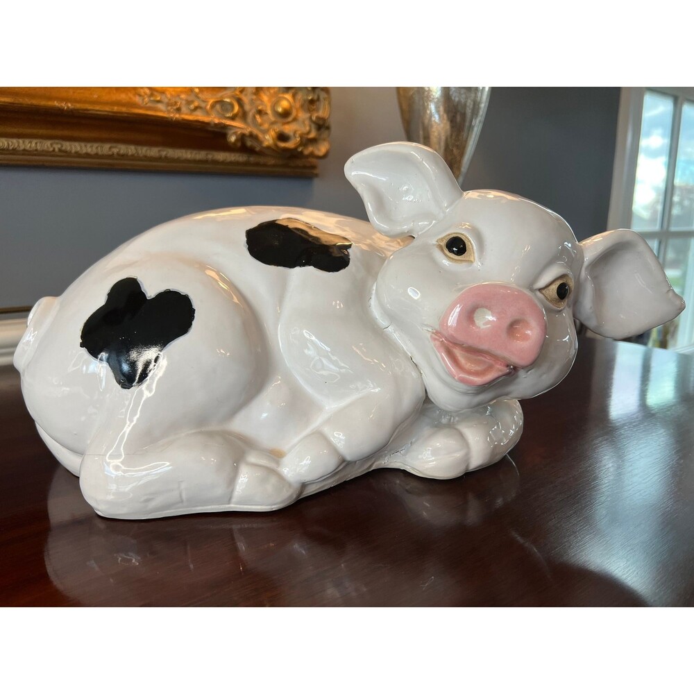 Vintage Handmade Large Pig Happy Statue White Pig Laying Down with Black Spots